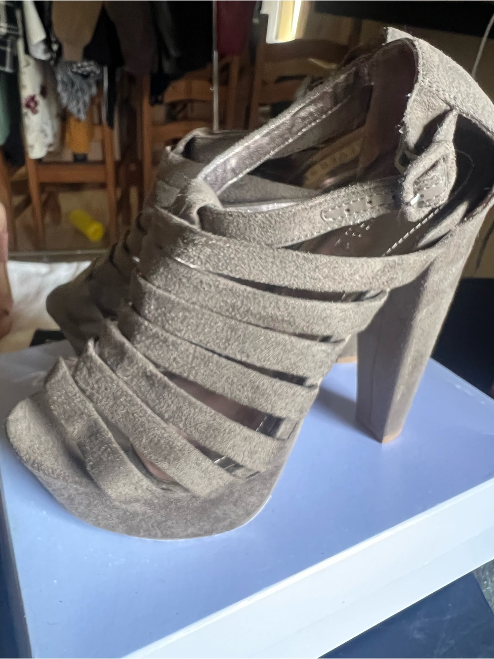 Suede Strappy High Heel Sandal in Taupe
